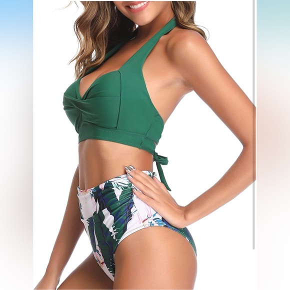 Green Halter Bikini Top with Tropical Print Bottom Tempt Me 2pc vintage retro - Picture 3 of 10